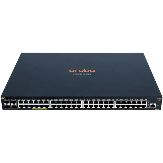 HP Aruba 2930F 48G PoE 4SFP network switch, front view with Ethernet ports and SFP slots