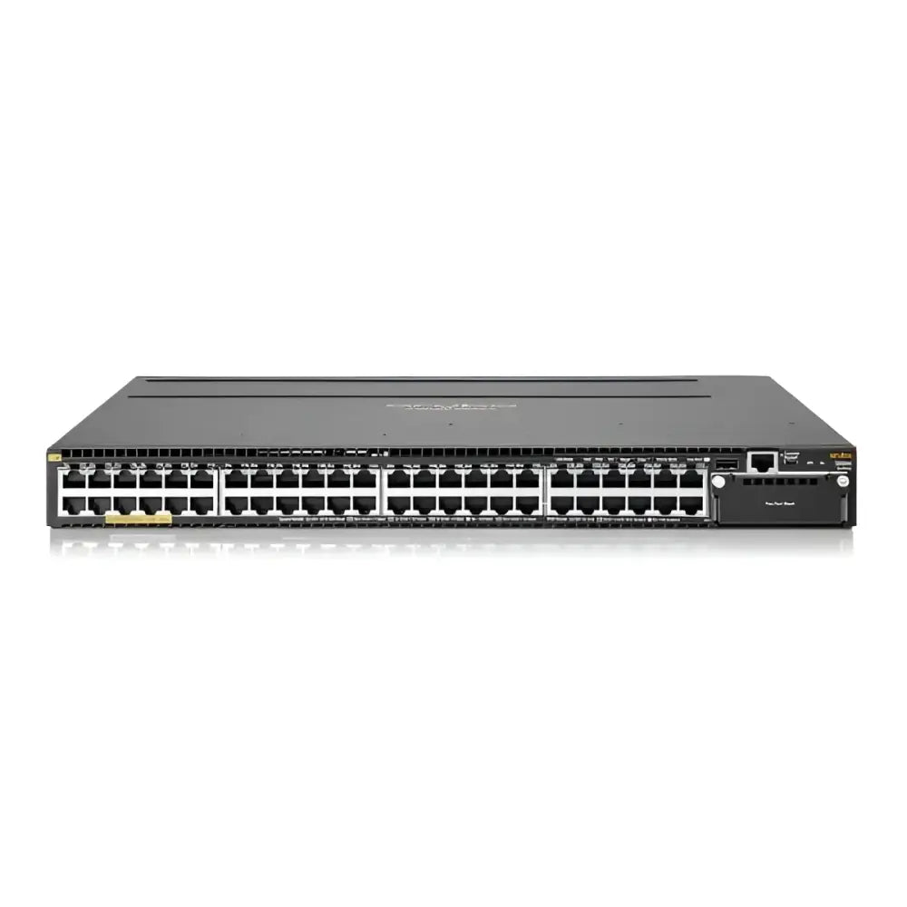 HP Aruba 3810M 48G PoE network switch, front panel view with multiple Ethernet ports.