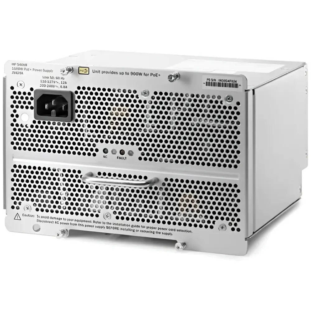 HP Aruba 5400R 1100W PoE zl2 power supply J9829A, front view with metal vents and power socket