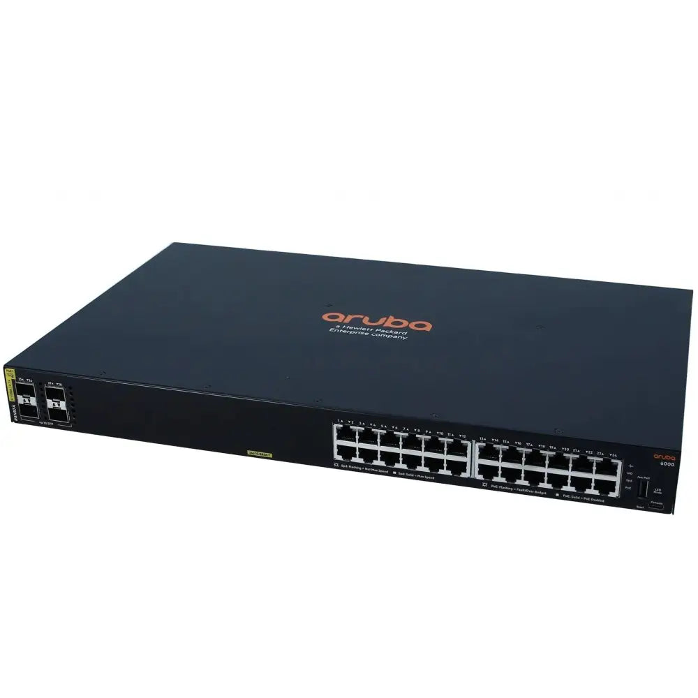 HP Aruba 6000 24G Class4 PoE 4SFP 370W network switch front view, showing ports and logos