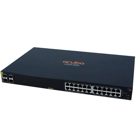 HP Aruba 6000 24G Class4 PoE 4SFP 370W network switch front view, showing ports and logos