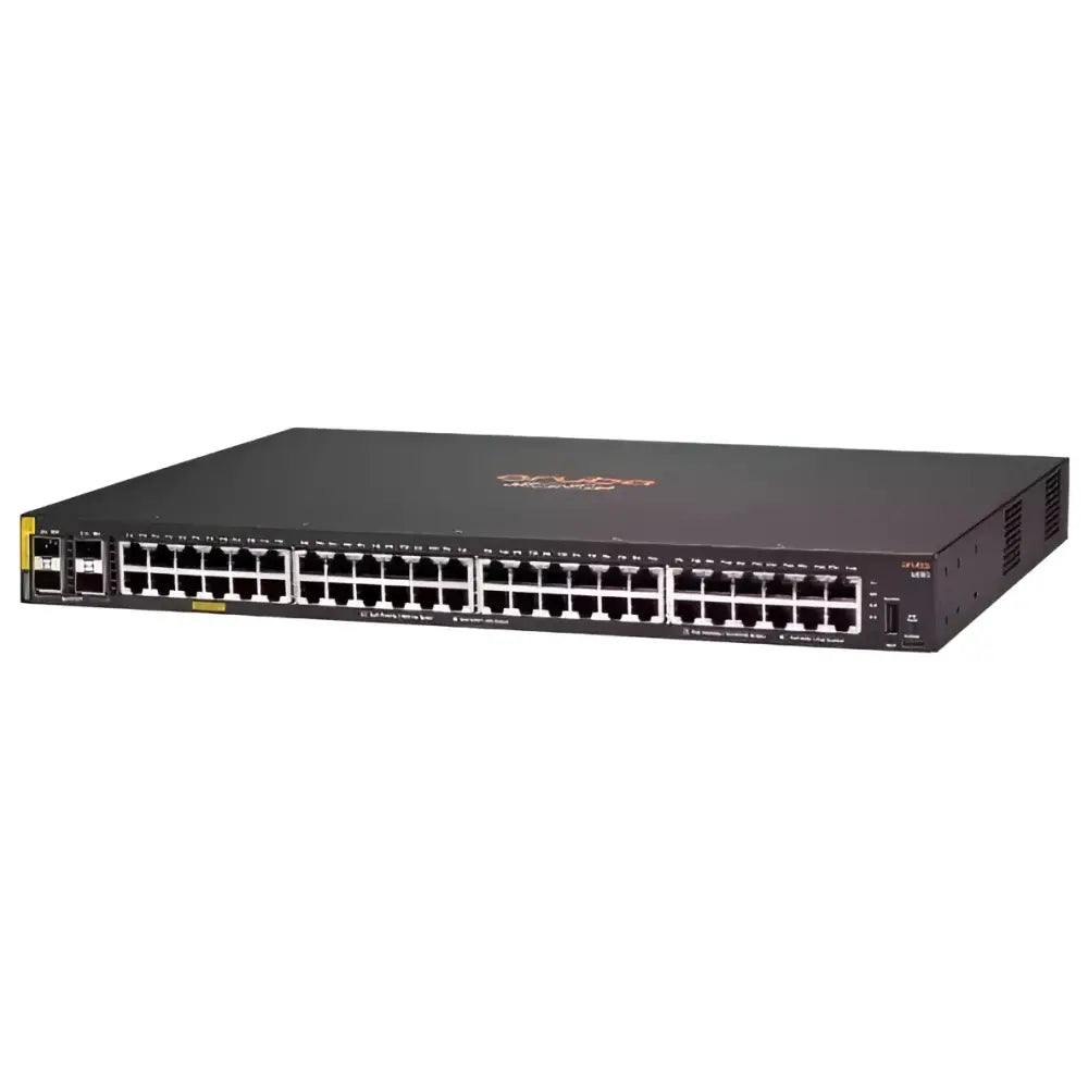 HP Aruba 6000 48G PoE 4SFP 370W network switch with 48 ports, black, front view