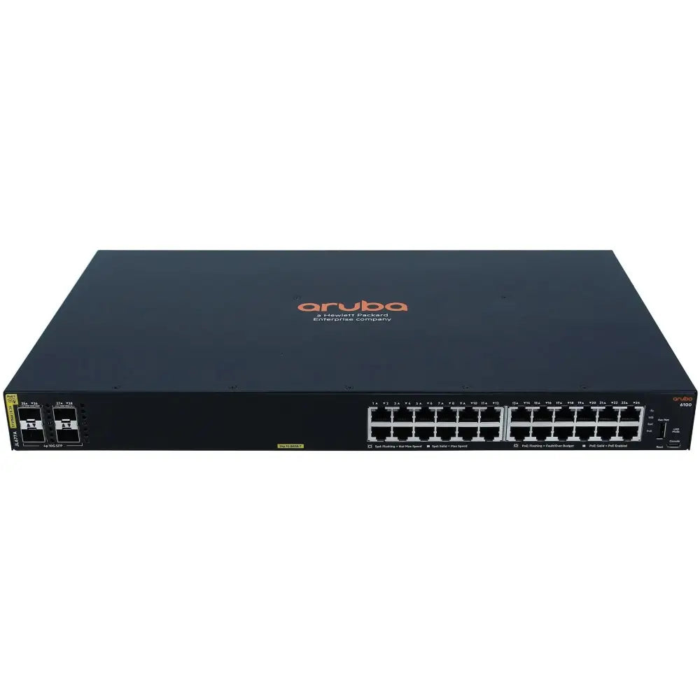 Aruba CX 6100 24G Class4 PoE 4SFP switch JL677A front view with 24 Ethernet ports and SFP slots