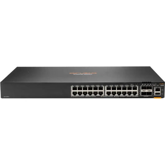 HP Aruba CX 6200F 24G 4SFP network switch front view with 24 Ethernet ports and 4 SFP slots