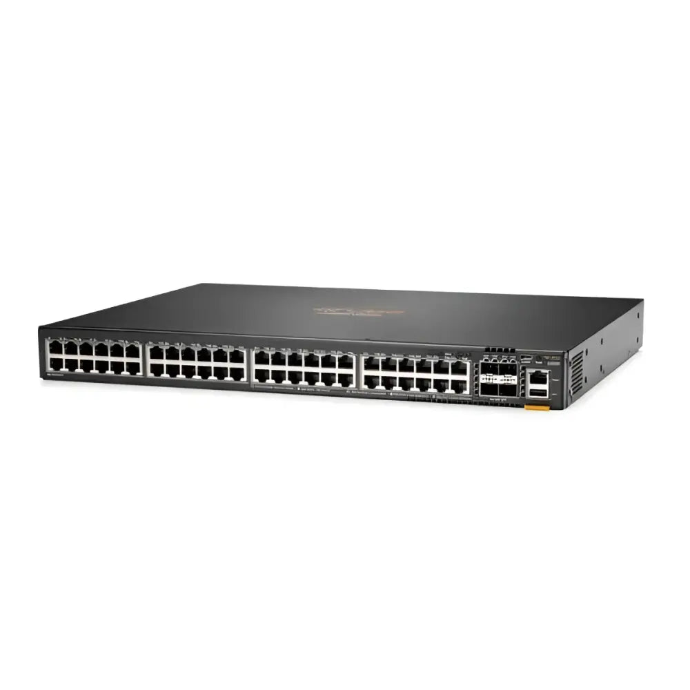 HP Aruba CX 6200F 48G 4SFP network switch JL726A front view, black rackmount device with Ethernet ports