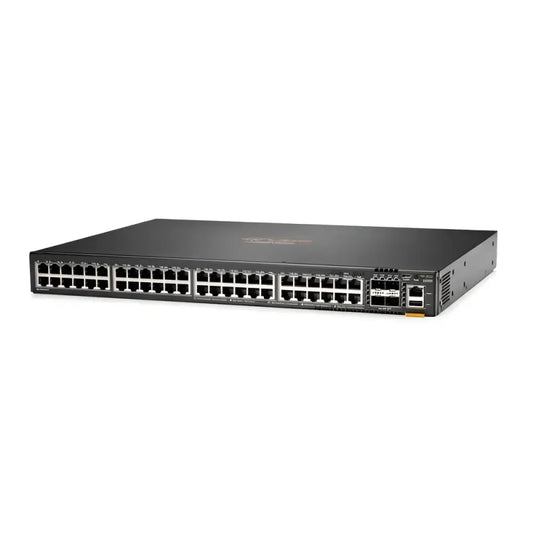 HP Aruba CX 6200F 48G 4SFP network switch JL726A front view, black rackmount device with Ethernet ports