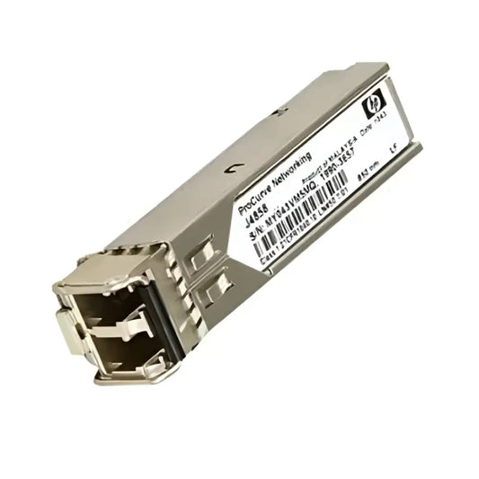 HP Aruba J4858D 1G SFP LC SX OM2 MMF transceiver on a white background