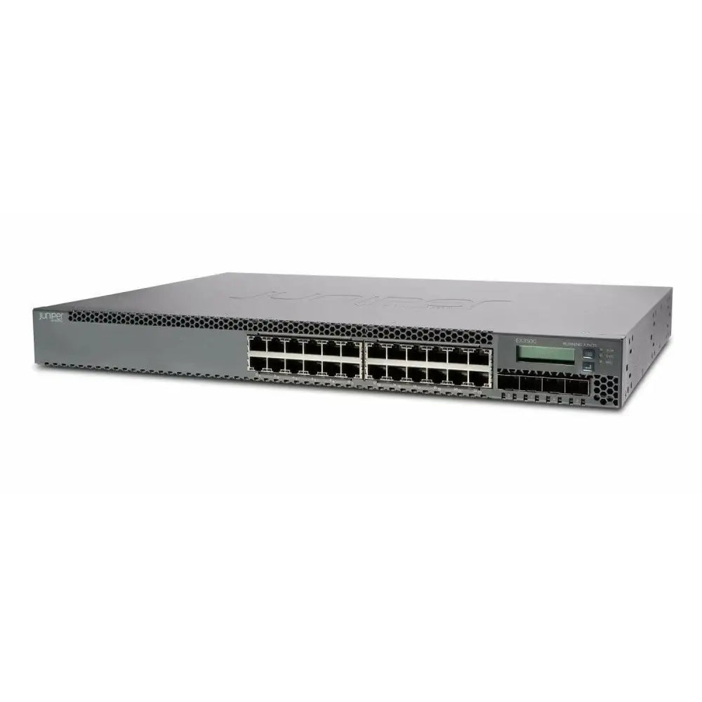 Juniper Networks EX3300 24-port gigabit switch, refurbished, front view on white background