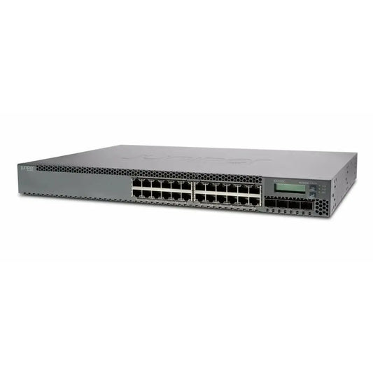 Juniper Networks EX3300 24-port gigabit switch, refurbished, front view on white background