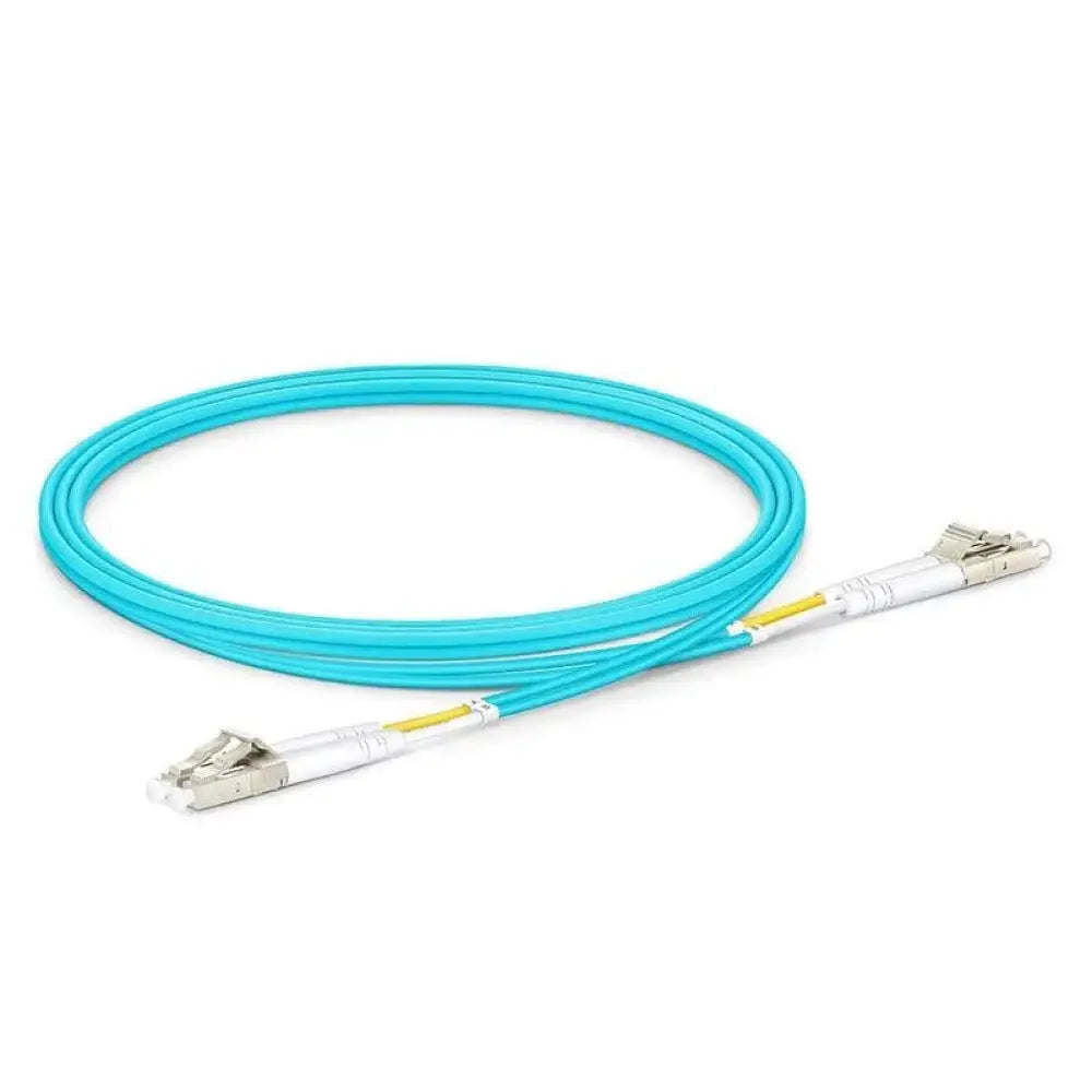 Aqua LC to LC 1m OM3 10 Gigabit multimode duplex fiber optic cable on white background