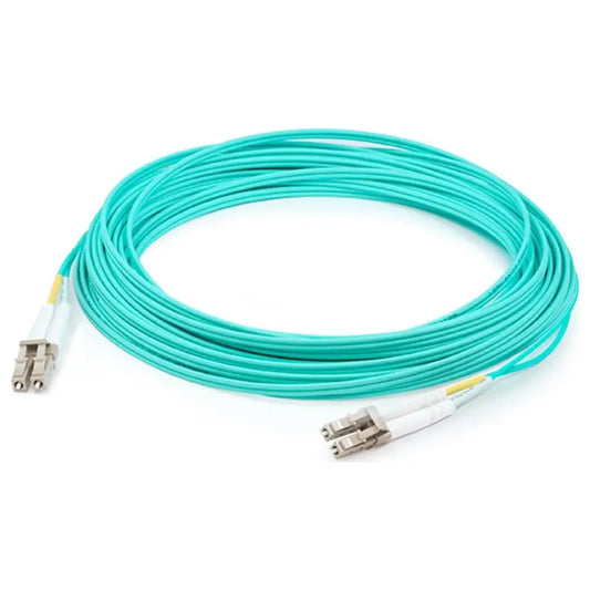 Aqua LC to LC 5m 10 Gigabit multimode duplex fiber optic cable coiled on white background