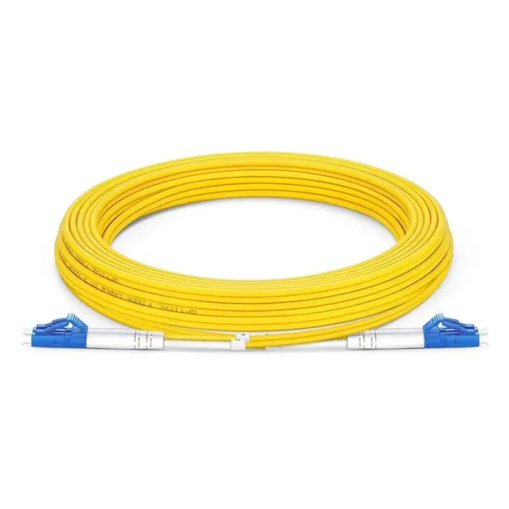Yellow LC to LC 7m single mode fiber optic cable with blue connectors on white background