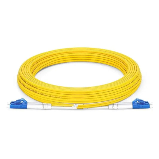 Yellow LC to LC 7m single mode fiber optic cable with blue connectors on white background
