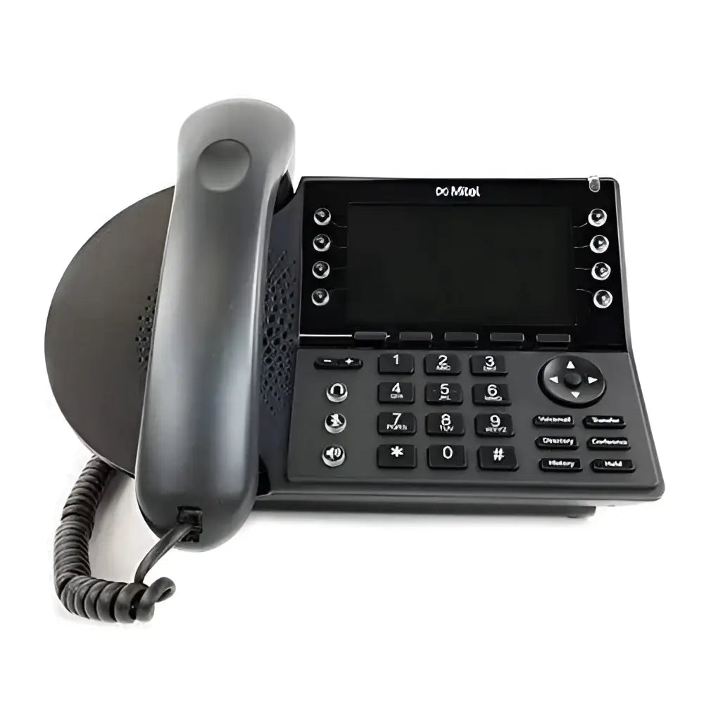 Mitel IP 485G gigabit office telephone with digital display and keypad on white background