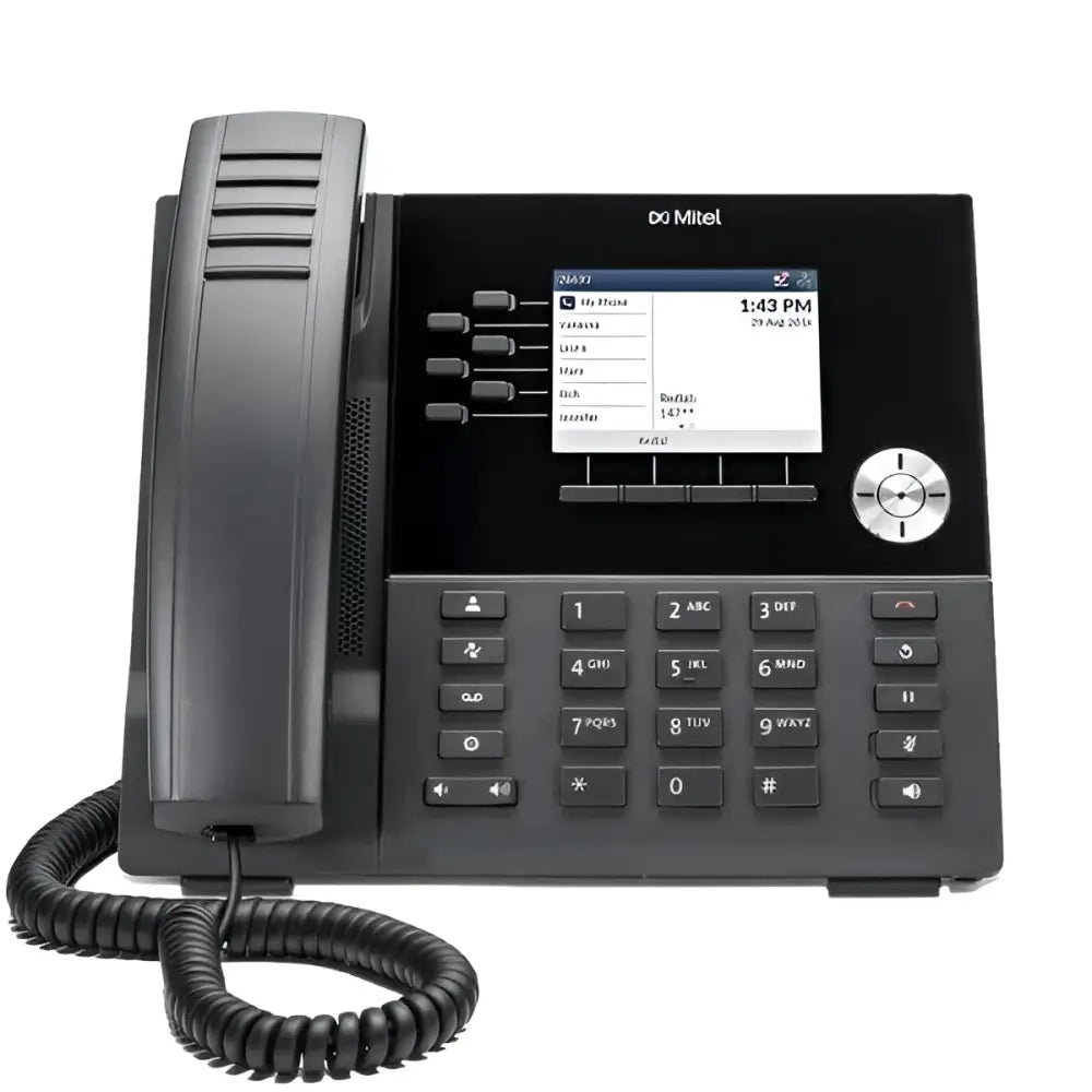 Mitel MiVoice 6920 IP phone with LCD screen, buttons, and corded handset