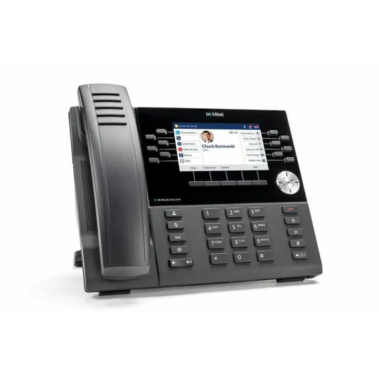 Mitel MiVoice 6930 IP phone with color display, keypad, and coiled handset on white background