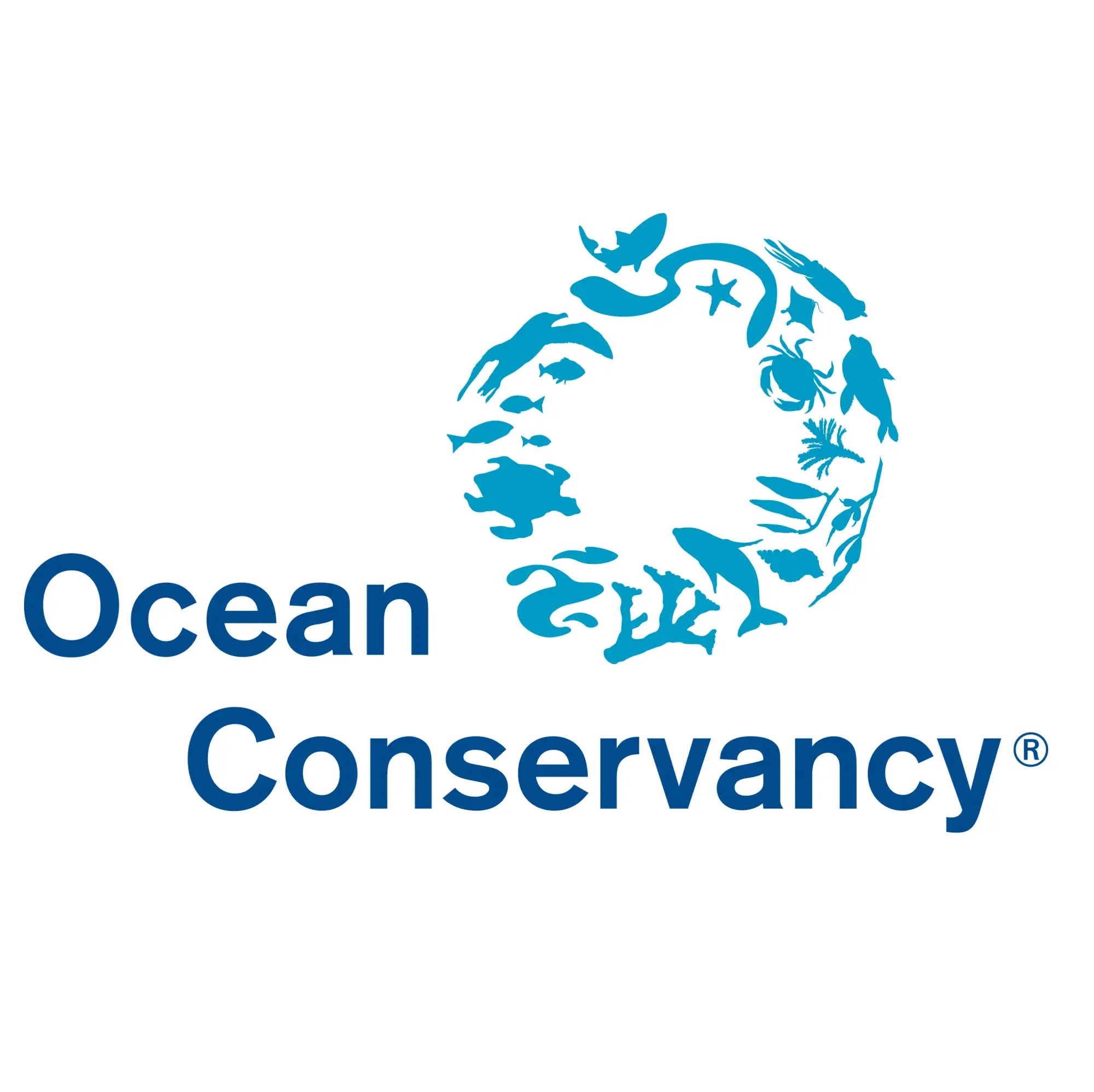 The ocean conservancy logo features a circular design composed of blue silhouettes of marine life including fish, dolphins, sea turtles, and starfish.