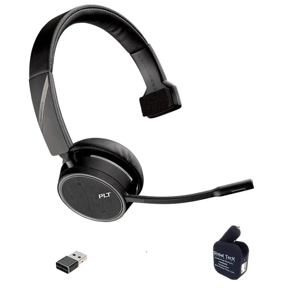 Plantronics Voyager Focus UC B825 wireless headset with microphone, USB dongle, and car charger