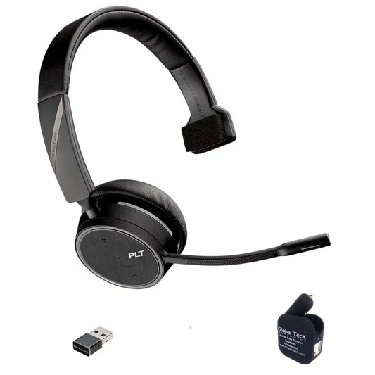 Plantronics Voyager Focus UC B825 wireless headset with microphone, USB dongle, and car charger