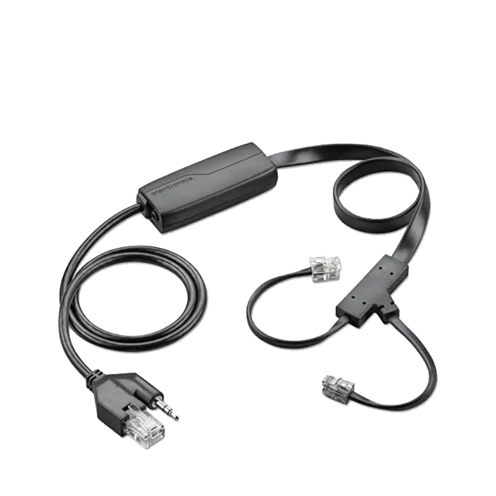 Plantronics APV-63 EHS cable refurbished with connectors and black inline module on white background