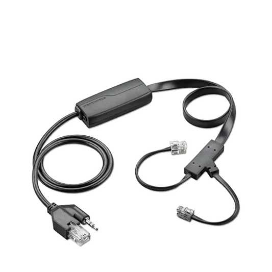 Plantronics APV-63 EHS cable refurbished with connectors and black inline module on white background