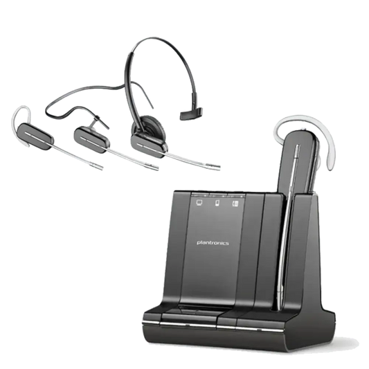Plantronics Savi W740-M refurbished wireless headset with charging base and accessories