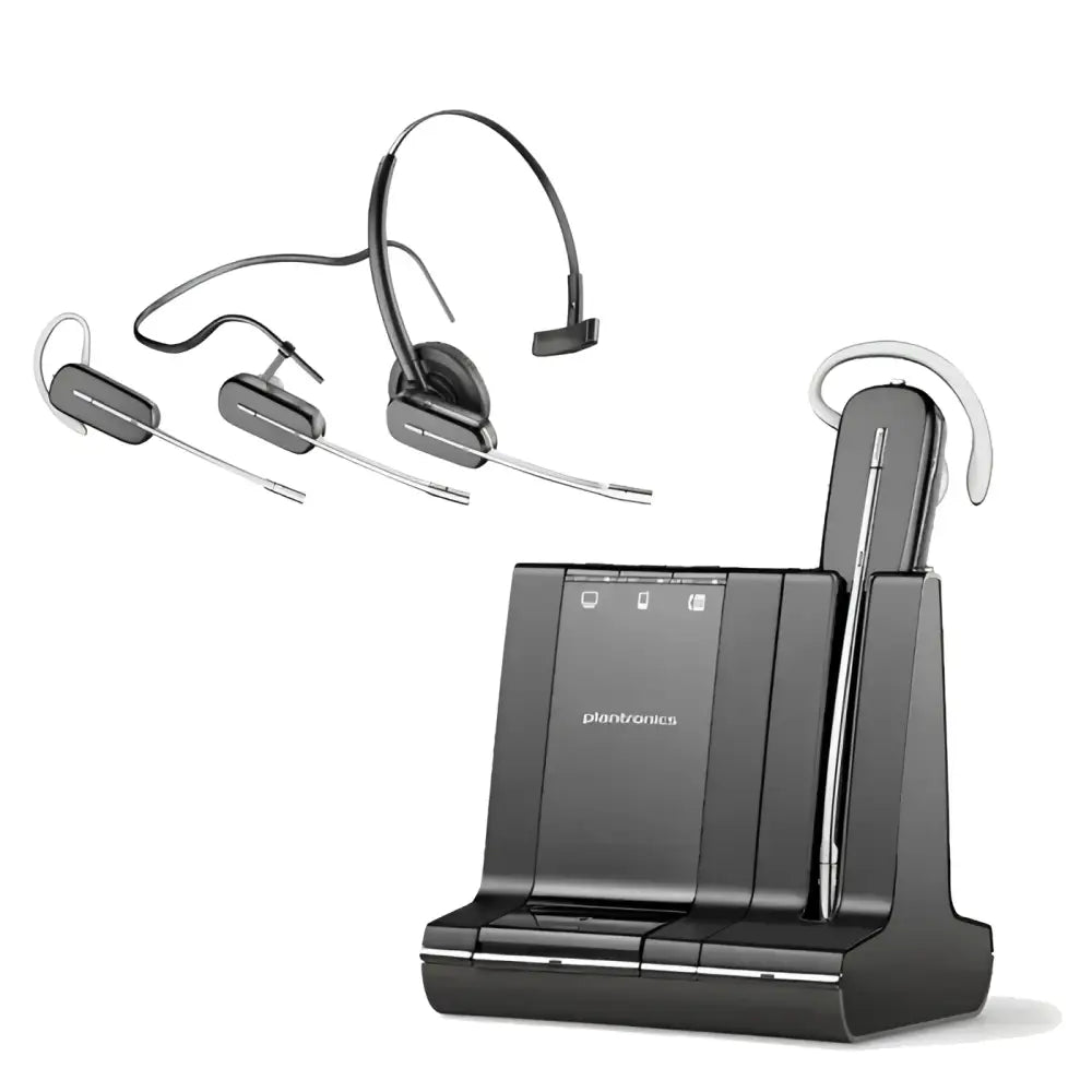 Plantronics Savi W745 wireless headset with base and three wearing styles