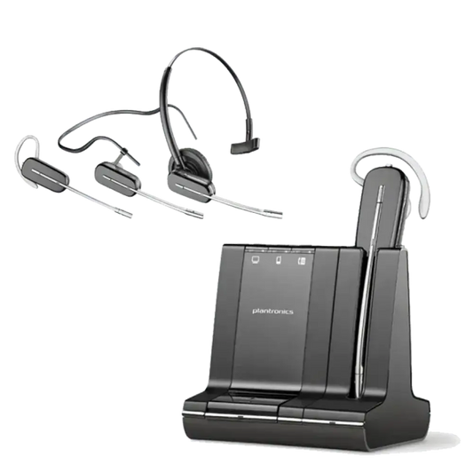 Plantronics Savi W745 wireless headset with base and three wearing styles