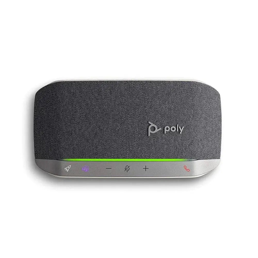 Poly Sync 20 smart speakerphone with grey fabric top and touch control panel