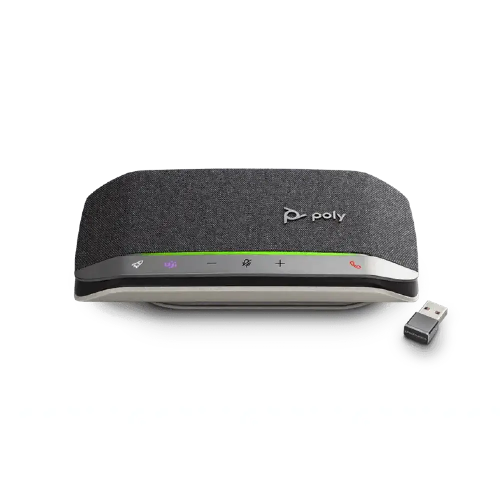 Poly Sync 20 smart speakerphone with BT600 USB dongle, front view, grey fabric design