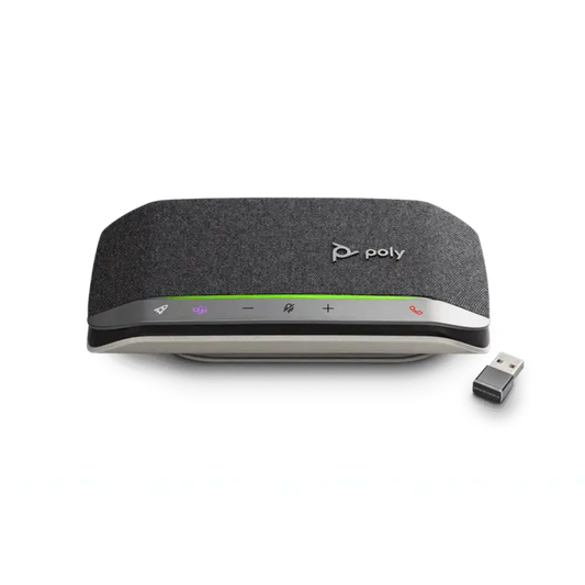 Poly Sync 20 smart speakerphone with BT600 USB dongle, front view, grey fabric design