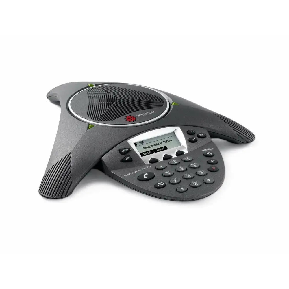 Polycom SoundPoint IP6000 conference phone with LCD screen and keypad on white background