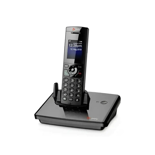 Polycom VVX D230 cordless phone on charging base, color display, office DECT IP phone