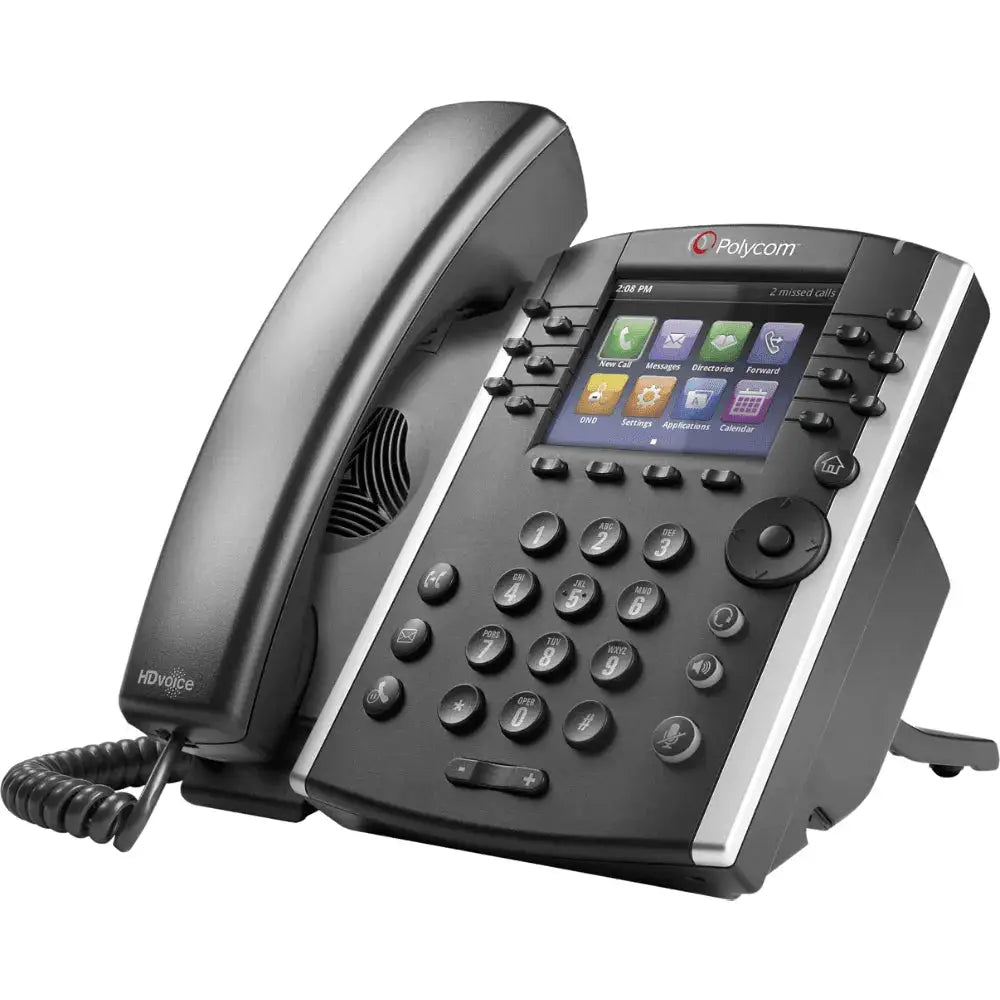 Polycom VVX 411 IP phone with color display, keypad, and corded handset