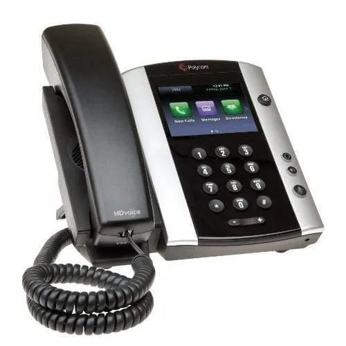 Polycom VVX 501 IP phone with touchscreen, handset, and coiled cord on white background