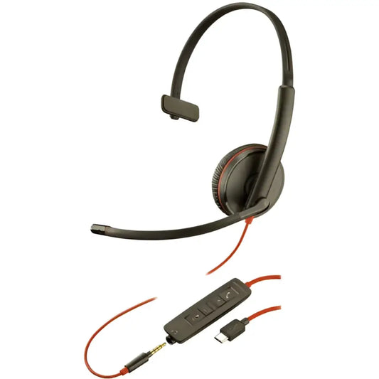 Poly Blackwire 5210 mono wired USB-A headset with in-line controls and red cable