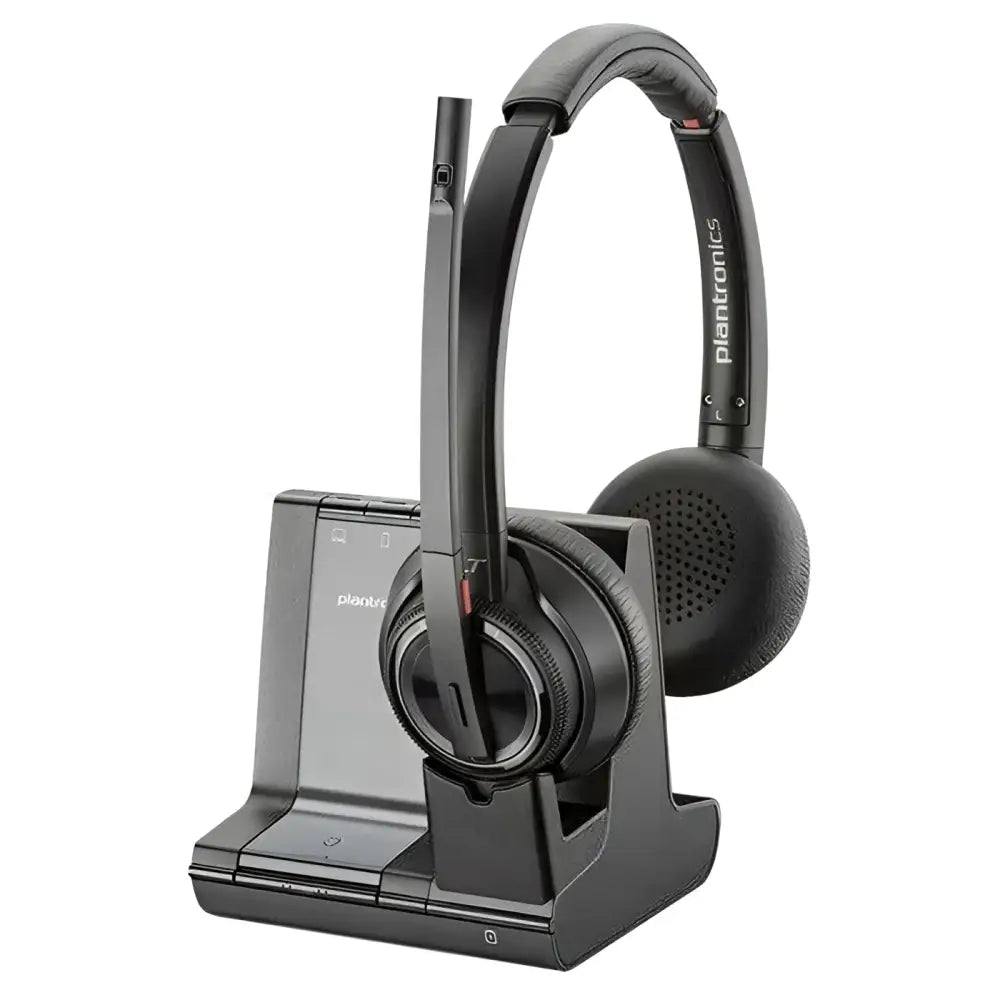 Poly Plantronics Savi 8220-M wireless stereo headset with mic on charging base