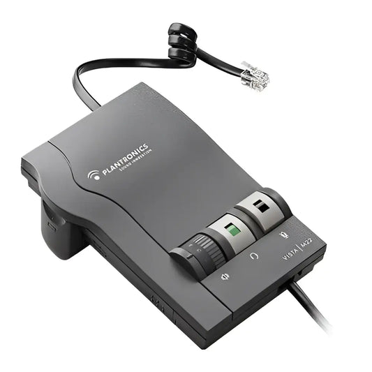 Plantronics Vista M22 headset amplifier with volume and mute controls, black device