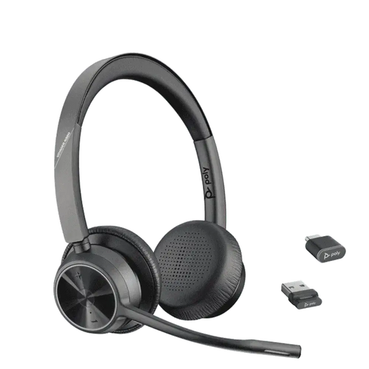 Poly Voyager 4320 series Bluetooth office headset with USB adapter and dongle