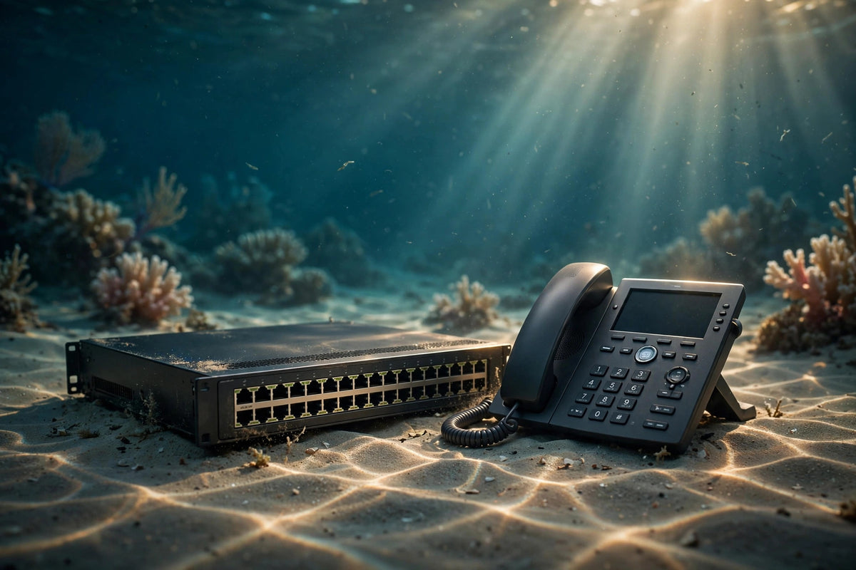 Network switch and desk phone in golden light on a coral reef seabed