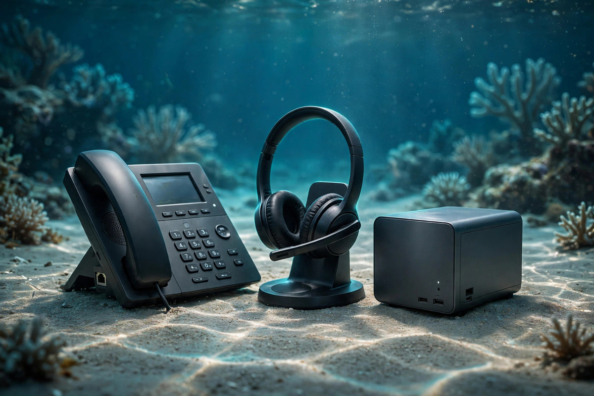 Assorted new IT equipment, clean, on a coral reef seabed