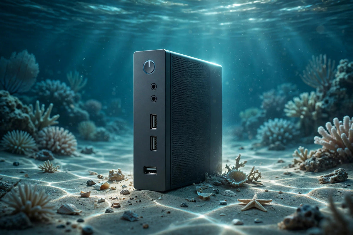 Thin client mini PC, clean, on a coral reef seabed