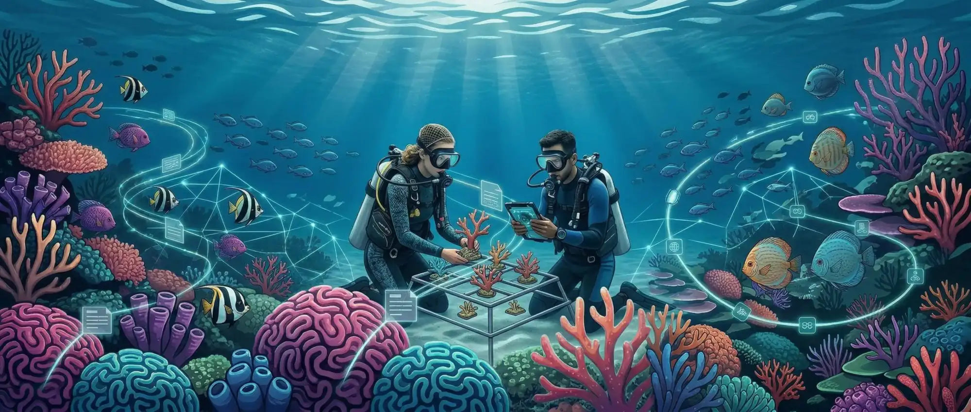 Two scuba divers in full gear explore a vibrant, technologically enhanced coral reef environment.