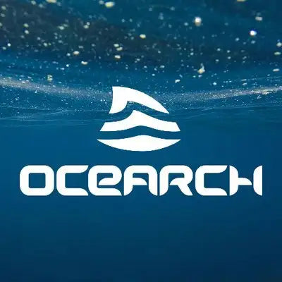 White ocearch logo featuring a stylized shark silhouette above wavy lines, set against an underwater blue background.