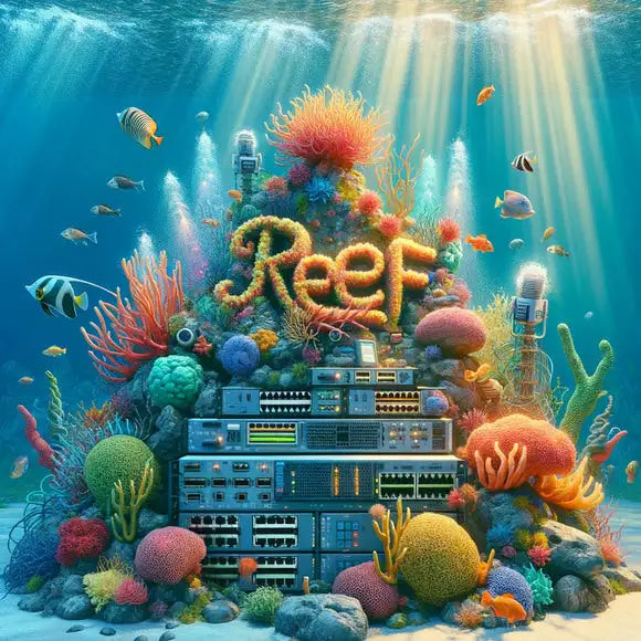 The word ’reef’ is crafted from vibrant, textured coral in shades of orange and yellow, nestled among a colorful underwater scene with fish and marine life.