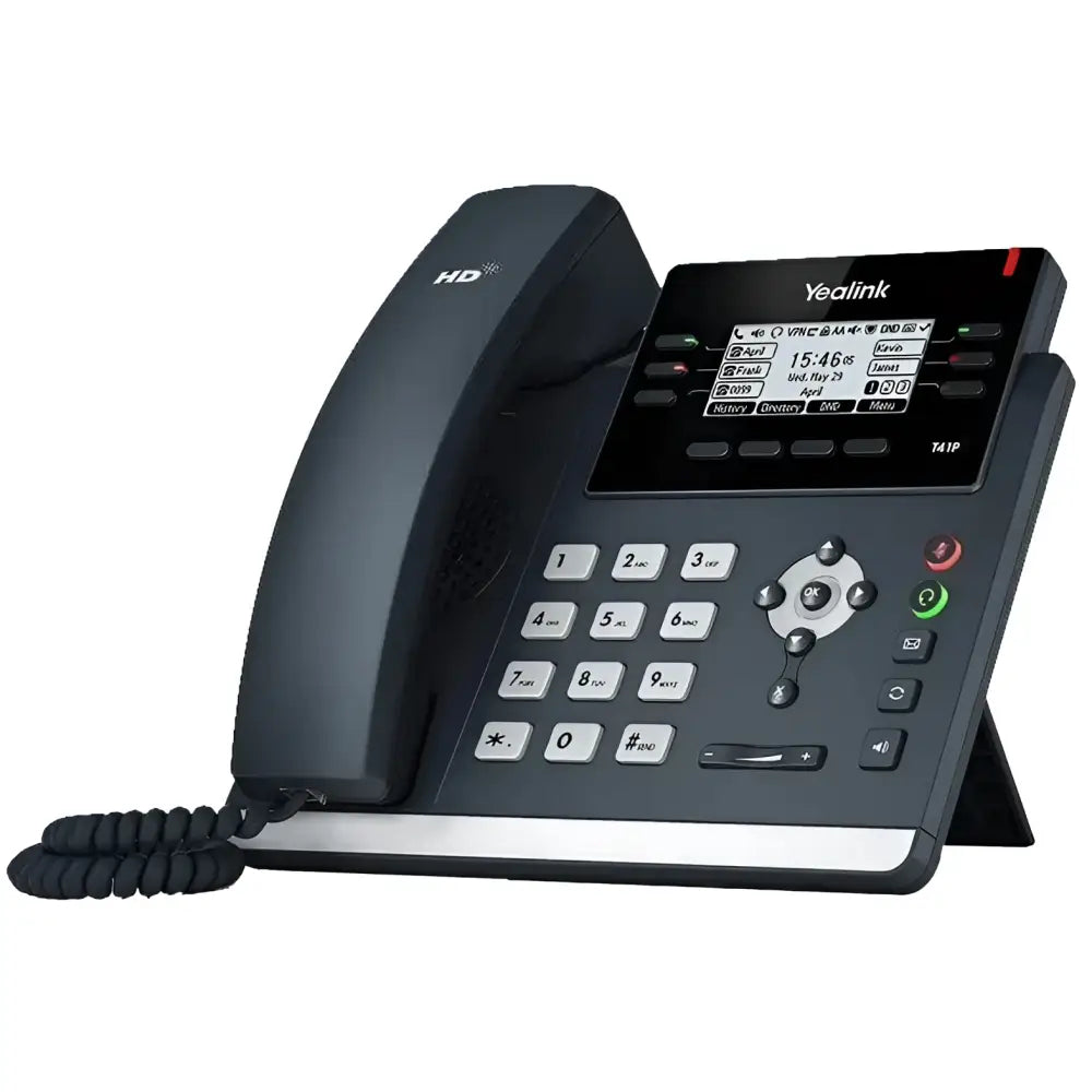 Yealink T41P 6-line SIP Gigabit IP phone with display and keypad, black business VoIP desk phone.