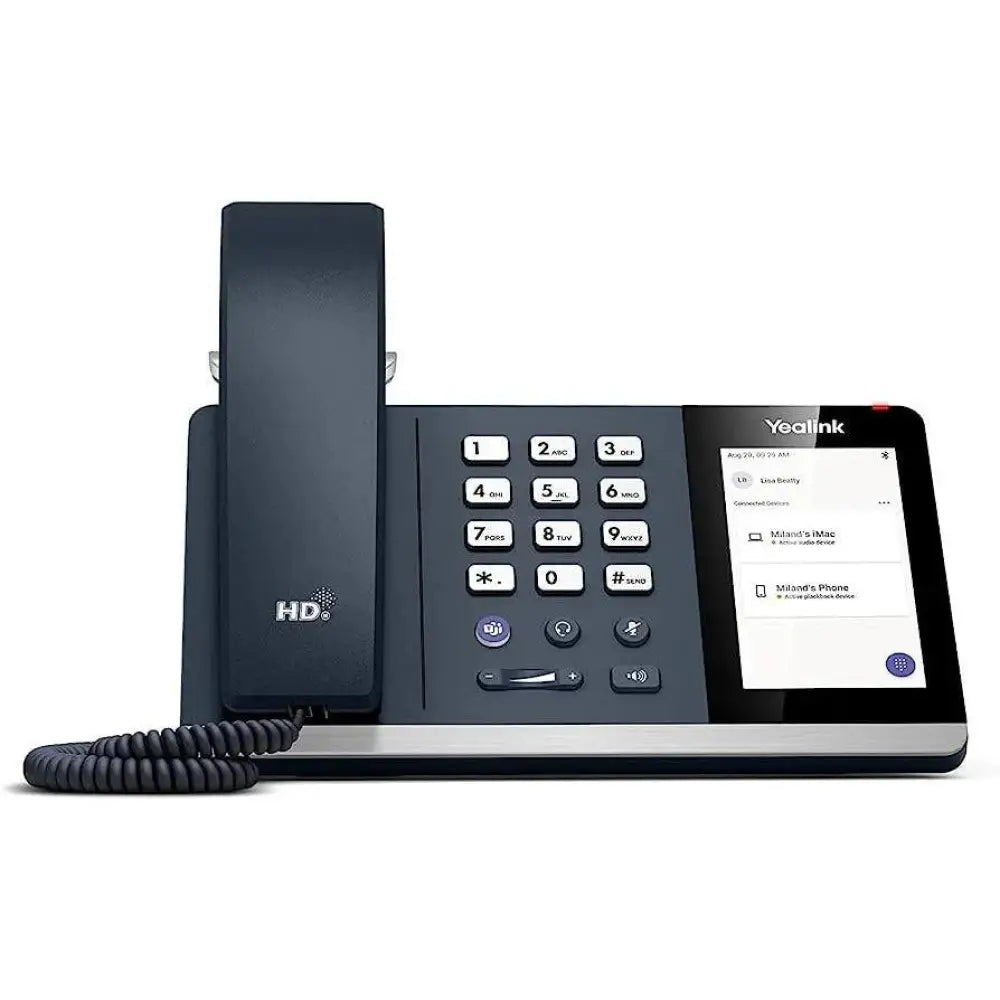 Yealink MP50 USB phone with HD audio, keypad, coiled cord, and color display for Microsoft Teams