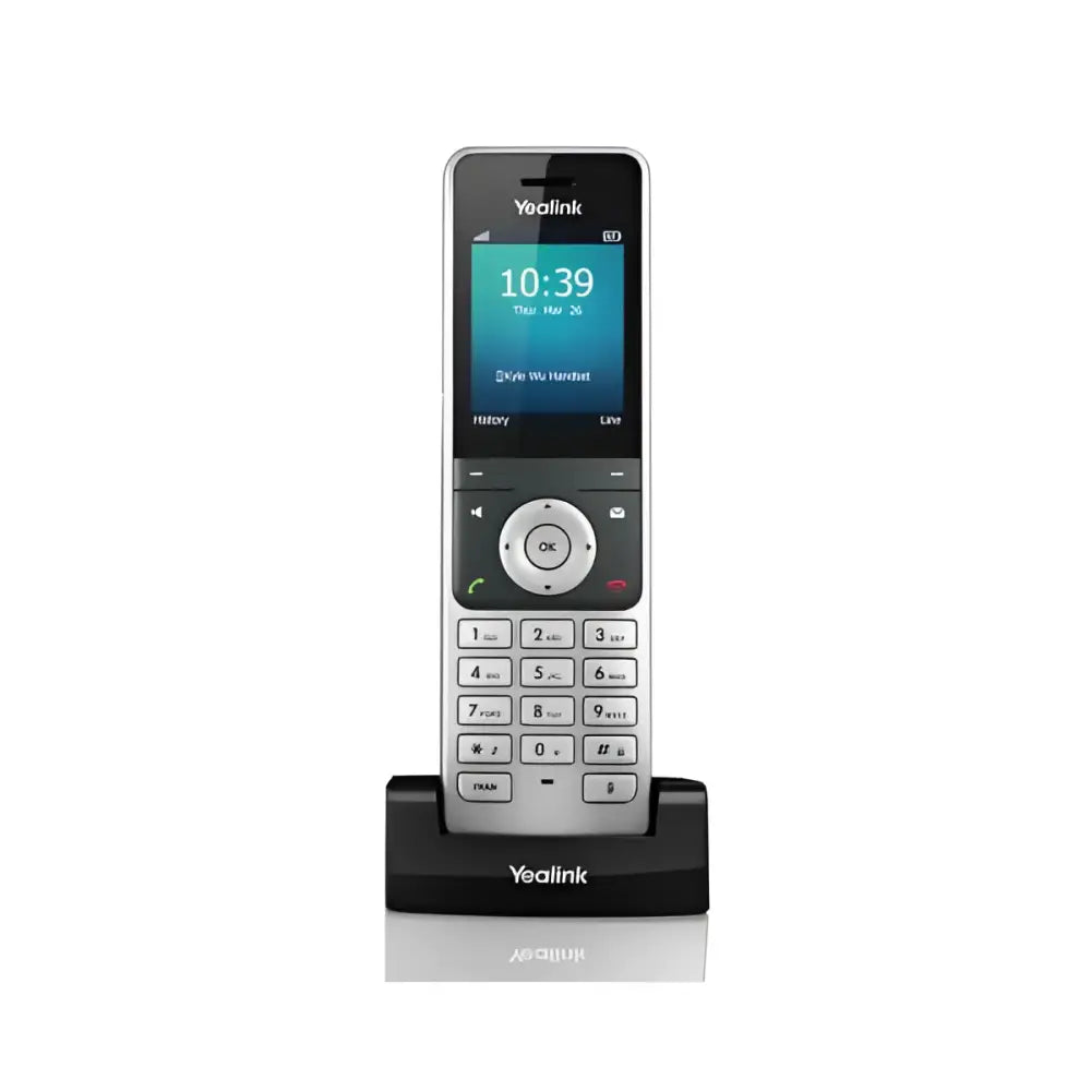 Yealink W56H DECT cordless IP handset in charging base, color display, keypad visible