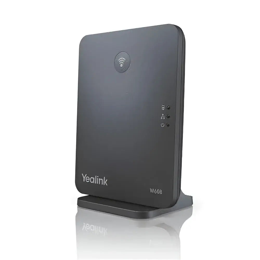 Yealink W60B DECT IP base station, black, standing upright on white background