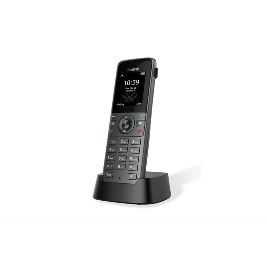 Yealink W73H DECT wireless handset in black charging dock on plain background